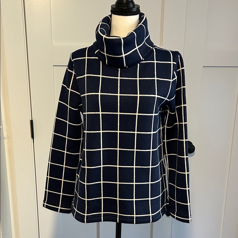 JCrew Factory Navy and Cream Windowpane Check Pattern Cowlneck Sweatshirt
